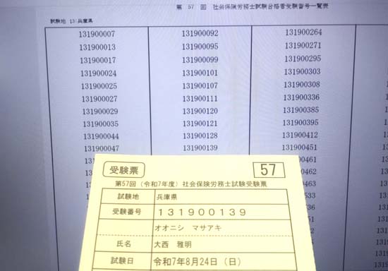 令和7年度社労士試験 合格発表（大西雅明 合格）